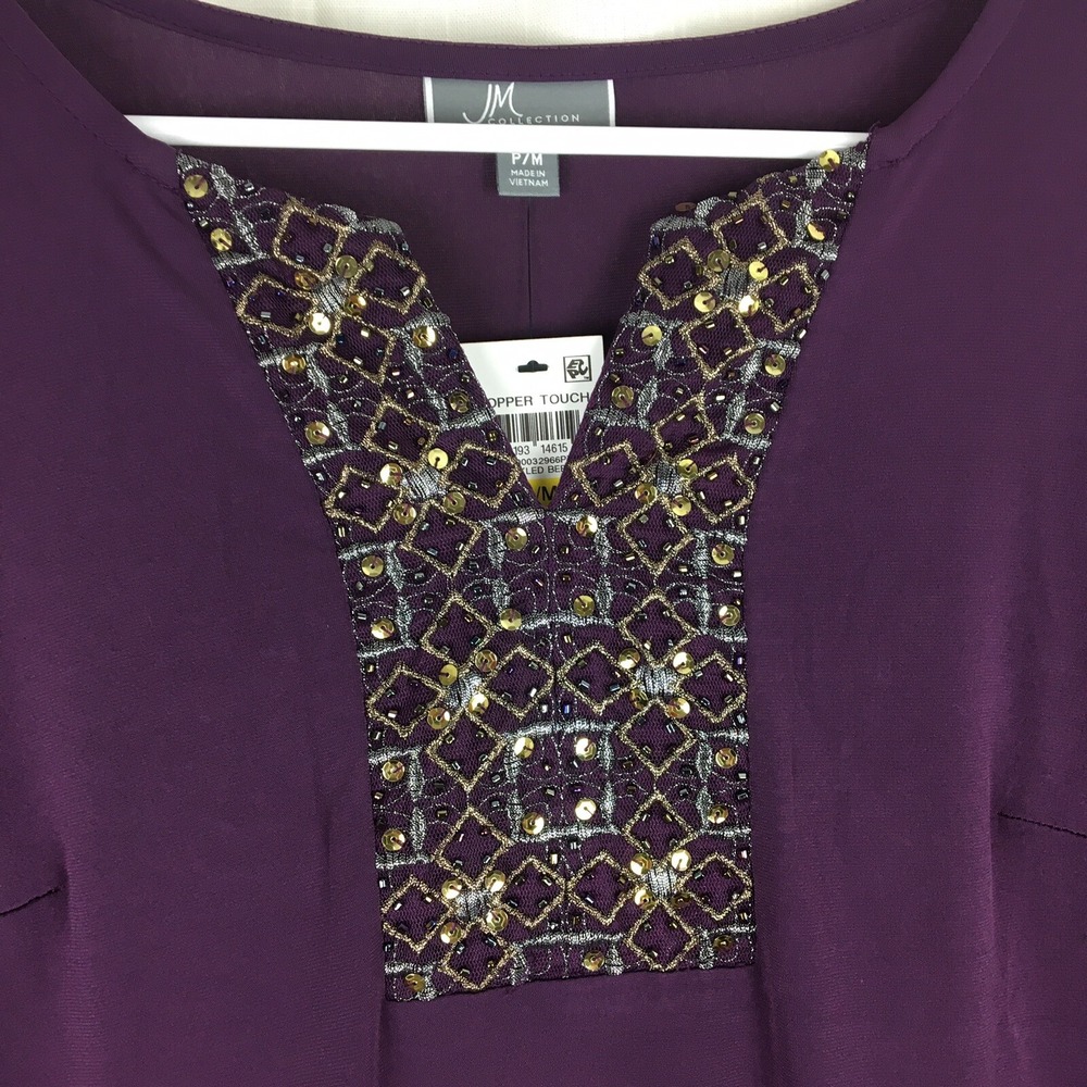 NEW JMS Beaded Midi Dress Womens‎ Medium Purple Pleated Bell Sleeves Sparkle NWT - Picture 4 of 8